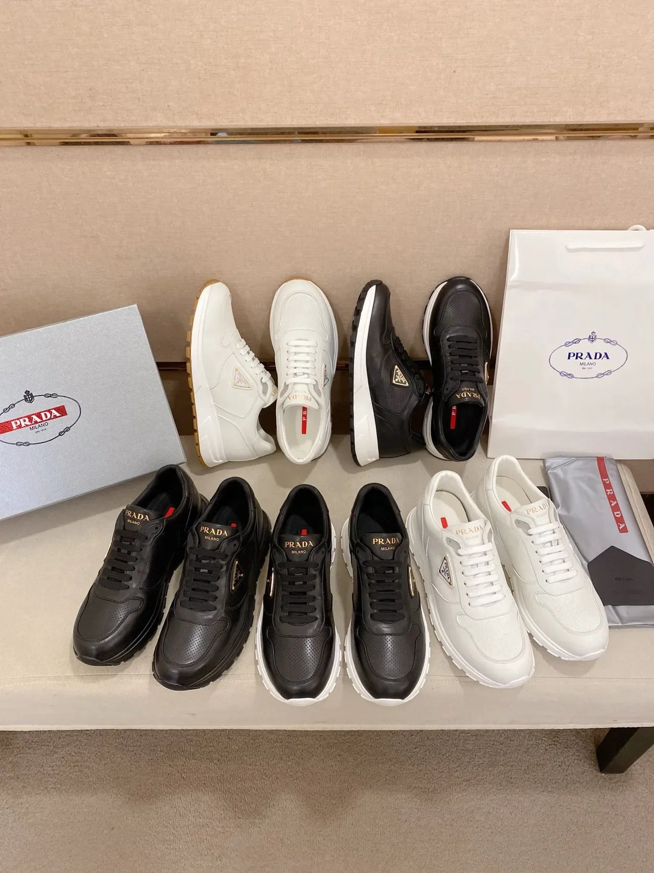 Prada White Gold Leather Perforated Side Panel Lifestyle Sneakers 2