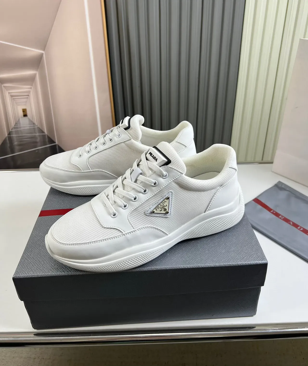 Prada White Low-Top Textile-Mesh Upper Lifestyle Sneakers 8