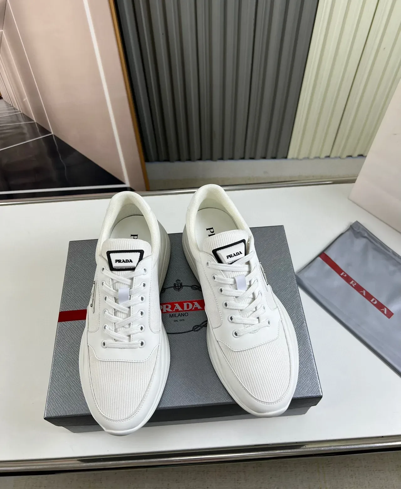 Prada White Low-Top Textile-Mesh Upper Lifestyle Sneakers 9
