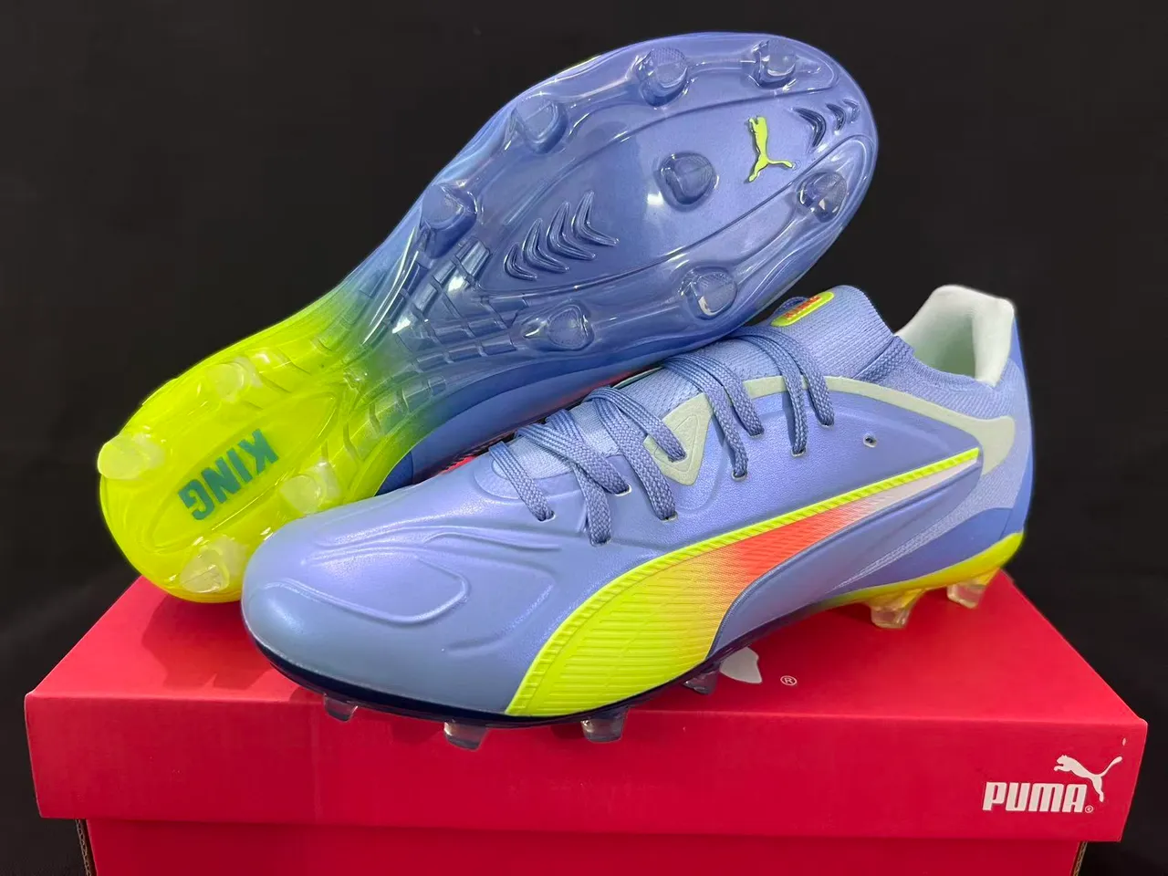 Puma नीला पीला लो-कट निट अपर असममित लेसिंग फर्म-ग्राउंड फुटबॉल जूते 8
