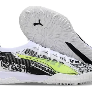 Puma Future Z White Black Newspaper-Print Upper Neon Lime Green Formstrip Accent Turf Soccer Shoes