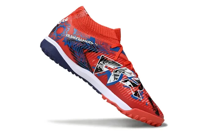 Puma Red Navy Knit Sock Collar Ribbed Synthetic Overlay Turf Soccer Shoes 2