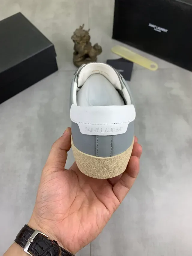 Saint Laurent Gris Beige Cuero Superior Bordado Branding Lifestyle Sneakers 3