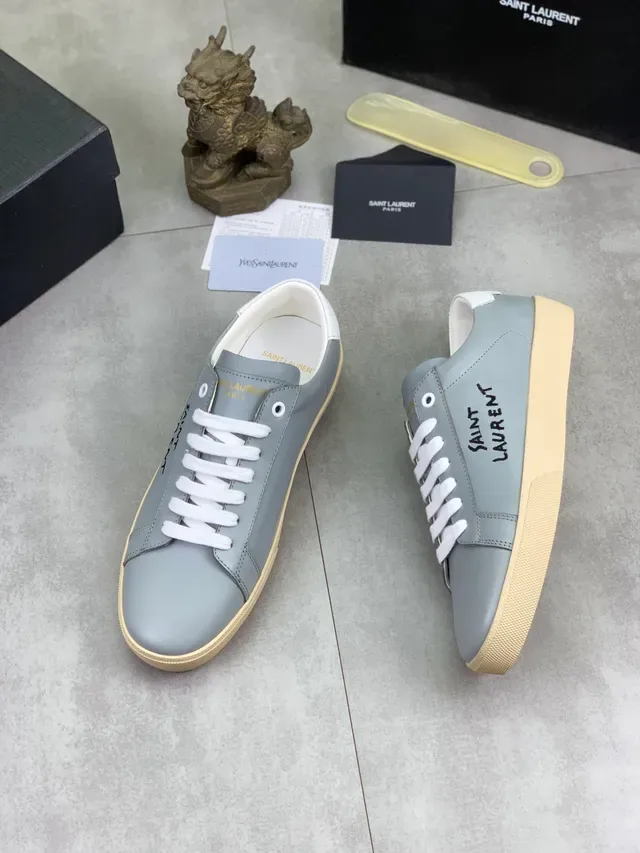 Saint Laurent Gris Beige Cuero Superior Bordado Branding Lifestyle Sneakers 5