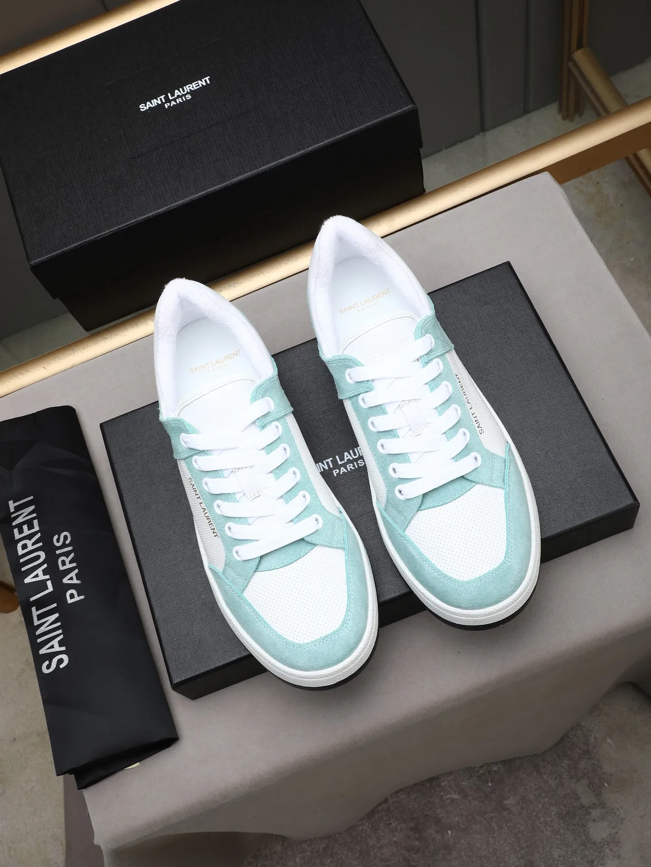 Saint Laurent Green White Low-Top Suede-and-Mesh Panelled Lifestyle Sneakers 2