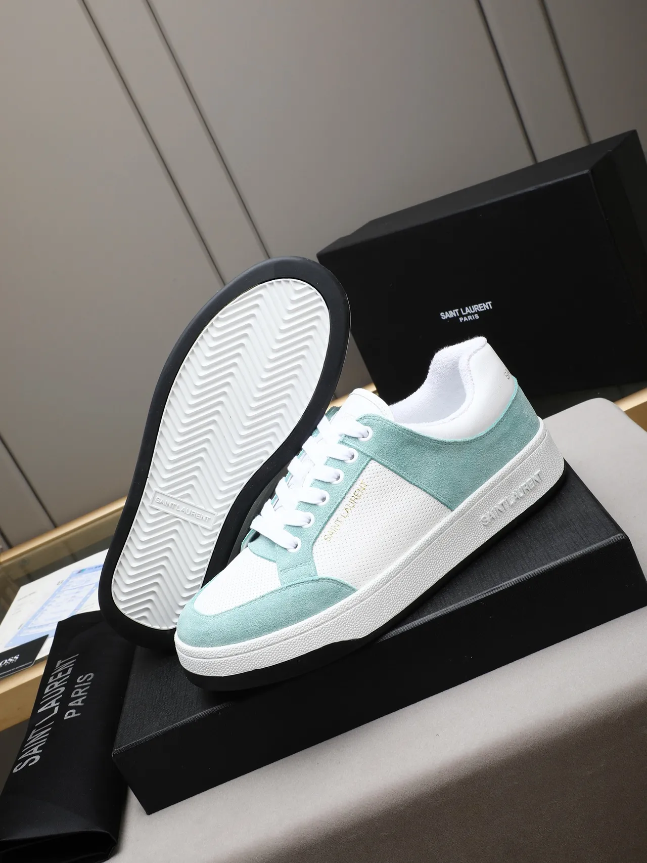 Saint Laurent Green White Low-Top Suede-and-Mesh Panelled Lifestyle Sneakers 4