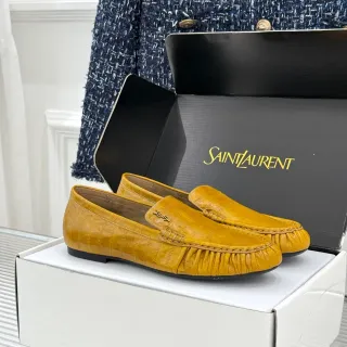 Saint Laurent मस्टर्ड क्रॉक-एम्बॉस्ड लेदर रुच्ड वैंप लोफर