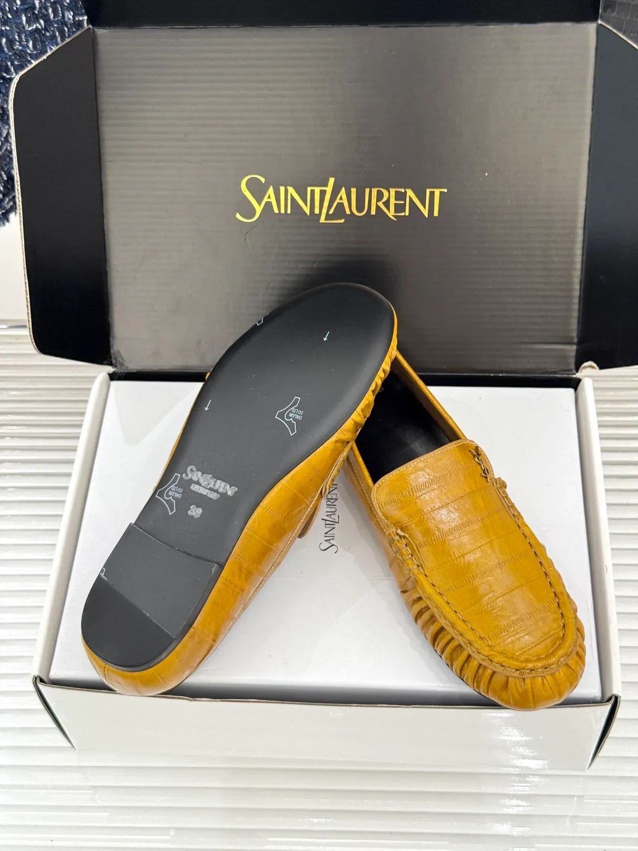 Saint Laurent Loafer Mustard Croc-Embossed Leather Ruched Vamp Loafers 2