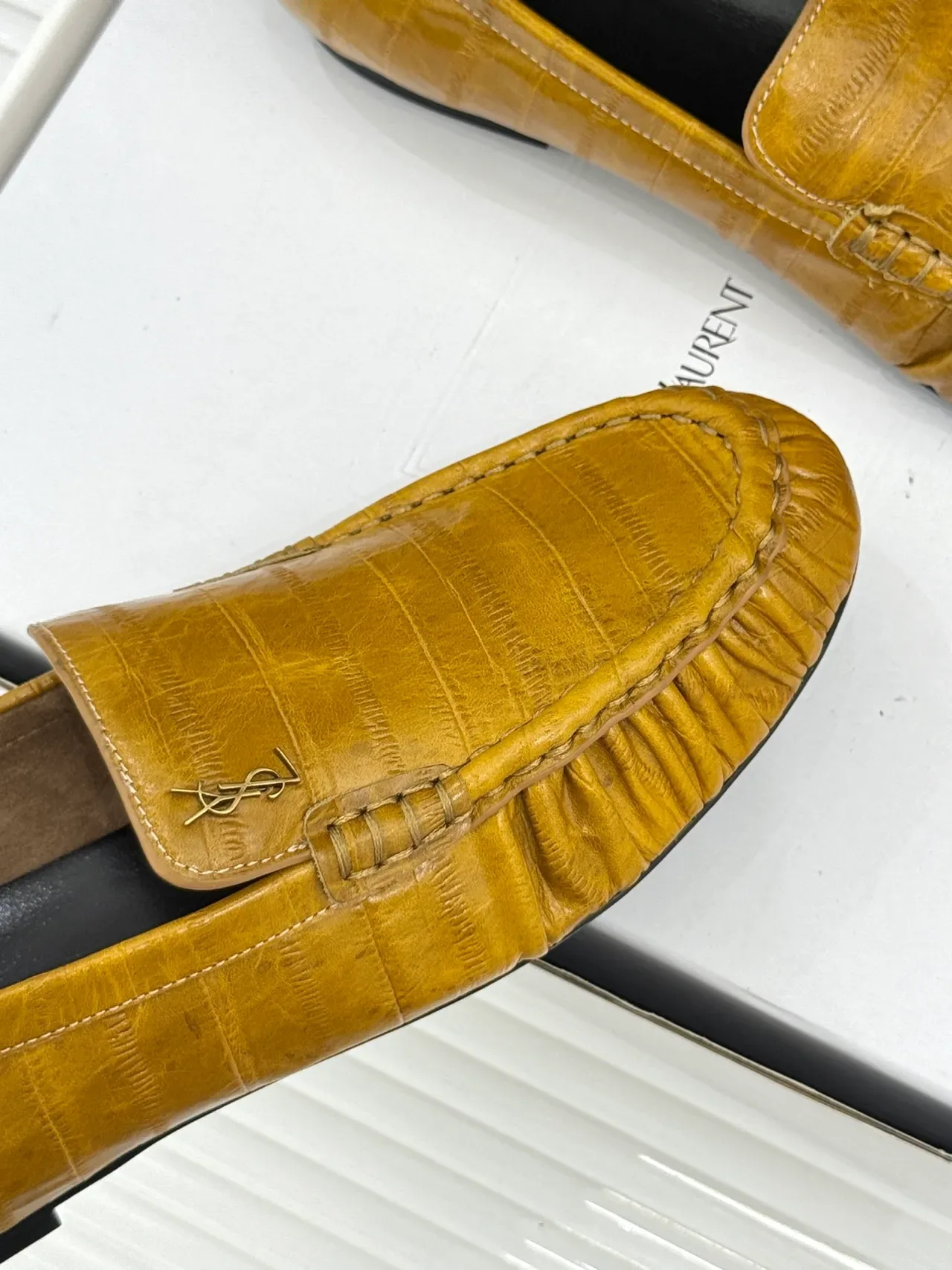 Saint Laurent Loafer Mustard Croc-Embossed Leather Ruched Vamp Loafers 4