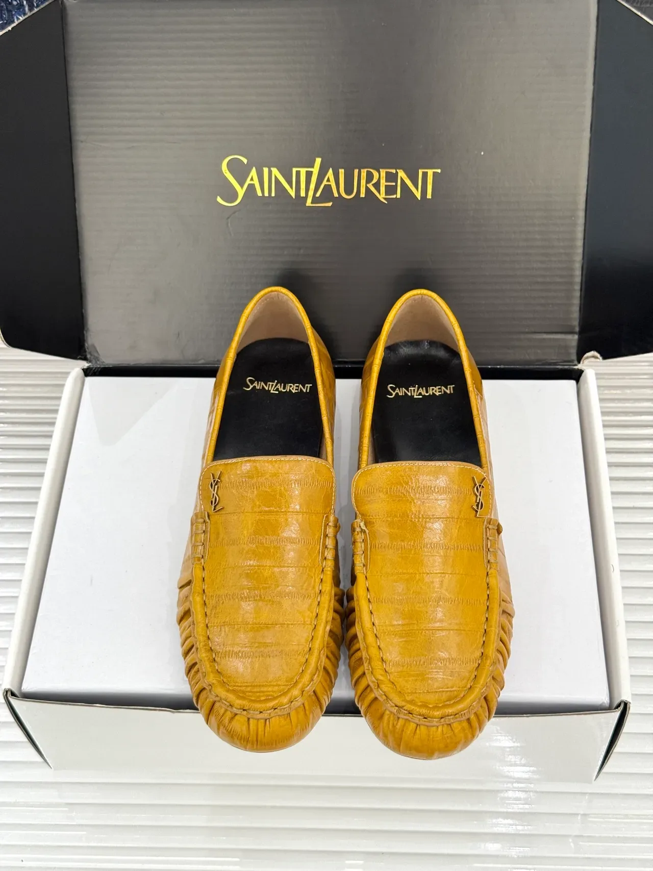 Saint Laurent Loafer Mustard Croc-Embossed Leather Ruched Vamp Loafers 5