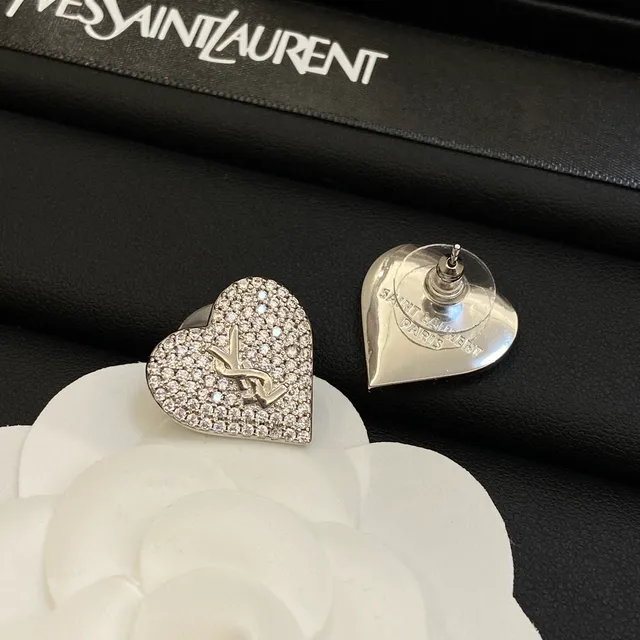 Saint Laurent 爱心 银白色 Pavé Crystal Hearts Toggle Clasp Chains Necklace 2