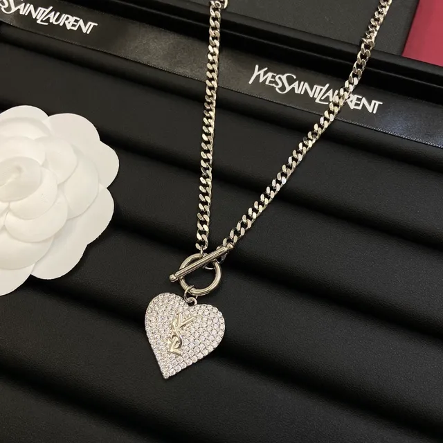 Saint Laurent 爱心 银白色 Pavé Crystal Hearts Toggle Clasp Chains Necklace 7