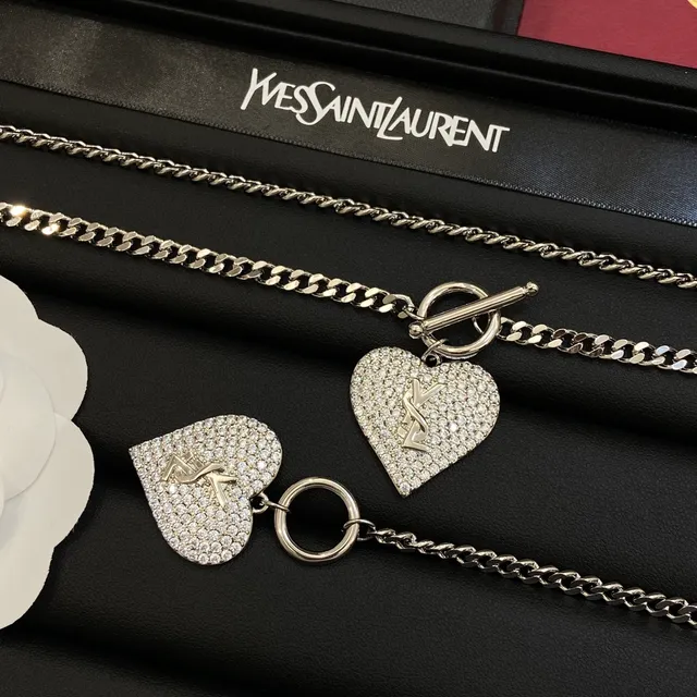 Saint Laurent 爱心 银白色 Pavé Crystal Hearts Toggle Clasp Chains Necklace 8