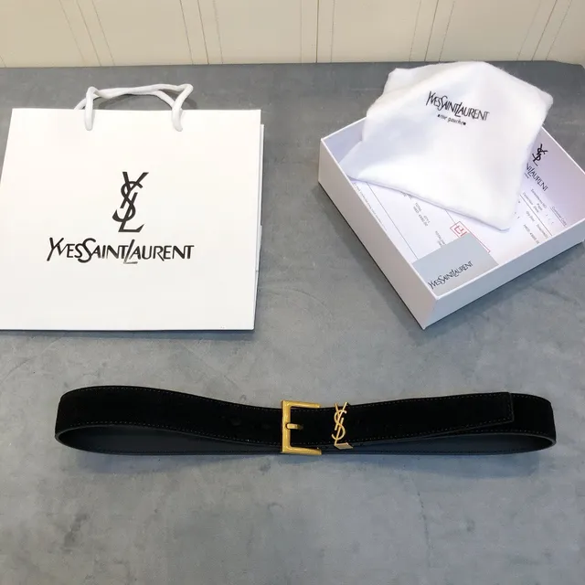 Saint Laurent Monogram Belt Black Suede Gold-Tone Buckle Leather Belt 2