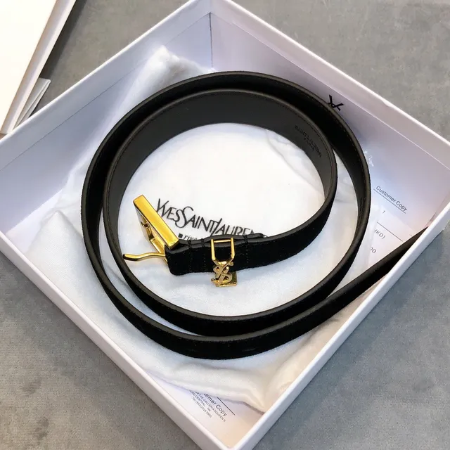 Saint Laurent Monogram Belt Black Suede Gold-Tone Buckle Leather Belt 3