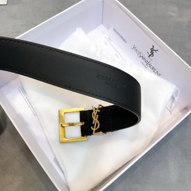 Saint Laurent Monogram Belt Black Suede Gold-Tone Buckle Leather Belt 5