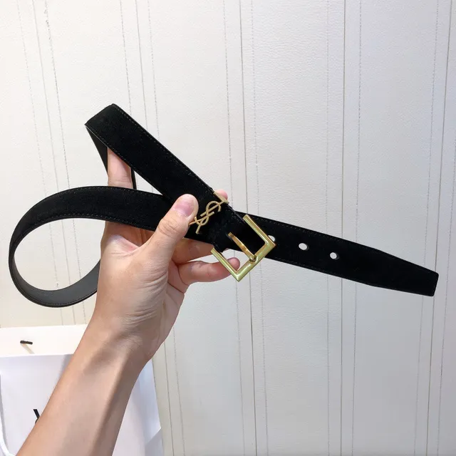 Saint Laurent Monogram Belt Black Suede Gold-Tone Buckle Leather Belt 6