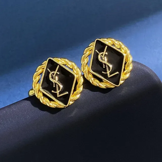 Saint Laurent Boucles d'oreilles Monogramme Corde Émail Noir Doré 5