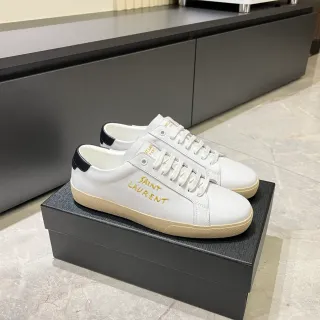 Saint Laurent सफेद काला चमड़े की ऊपरी सोने की सिलाई लॉगो लाइफस्टाइल स्नीकर