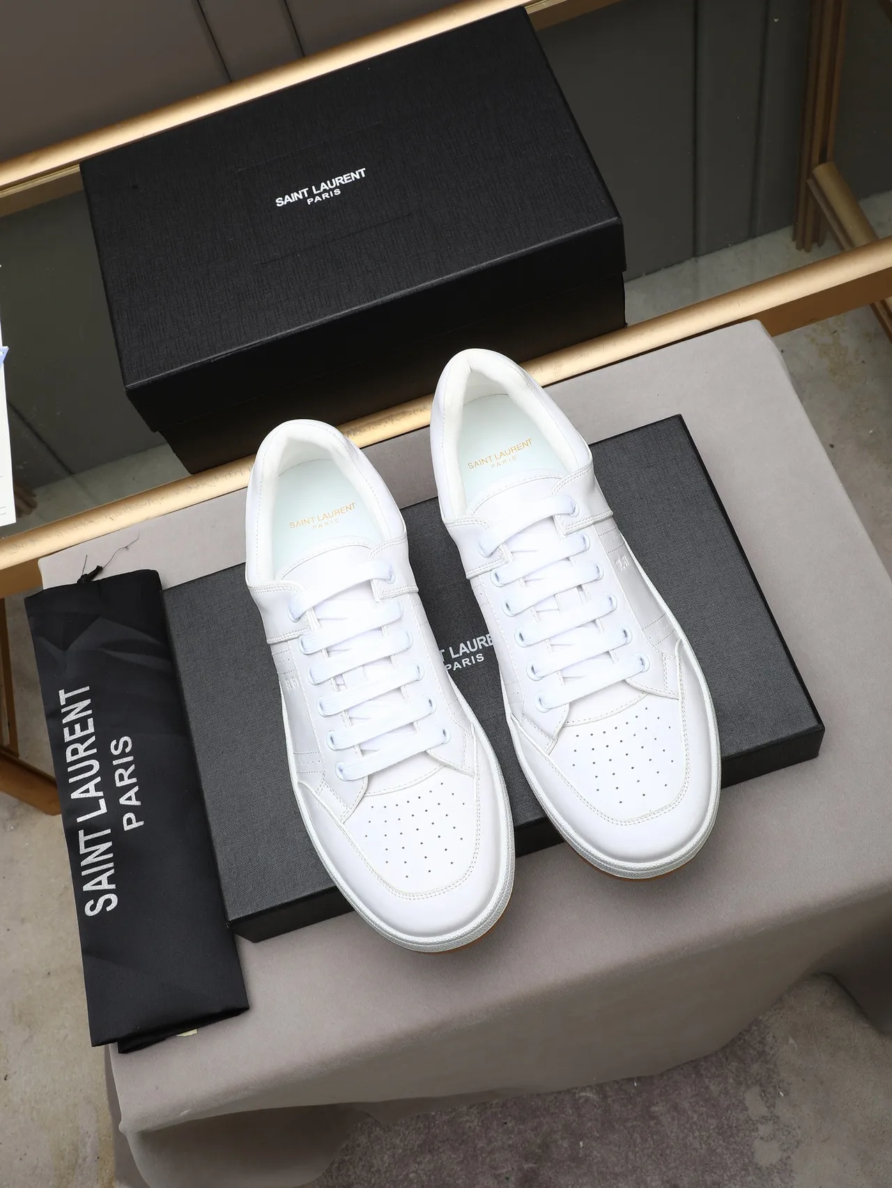 Saint Laurent White Brown Leather Perforated Side Panels Lifestyle Sneakers 2