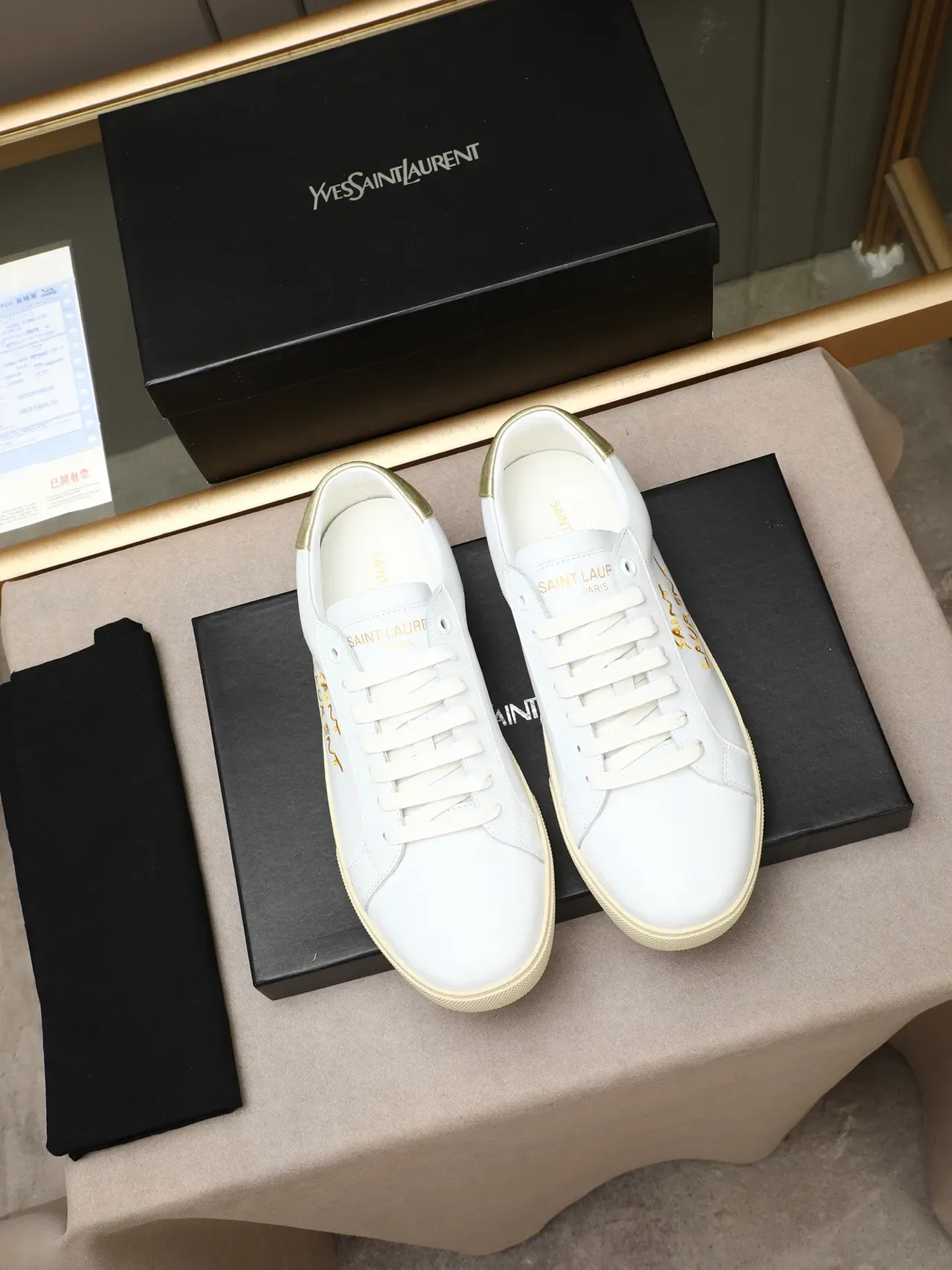 Saint Laurent Blanco Dorado Cuero Bordado Zapatillas Lifestyle 2