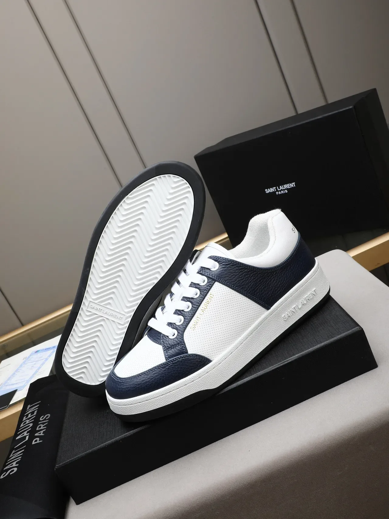Saint Laurent White Navy Low-Top Perforated Mesh Panel Lifestyle Sneakers 4