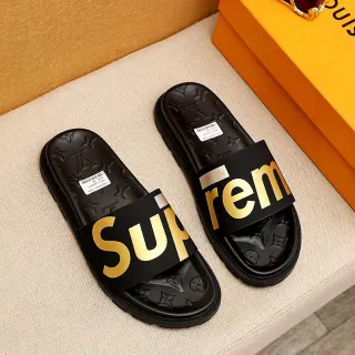 Supreme Slide Black Gold Rubber Logo Strap Slippers