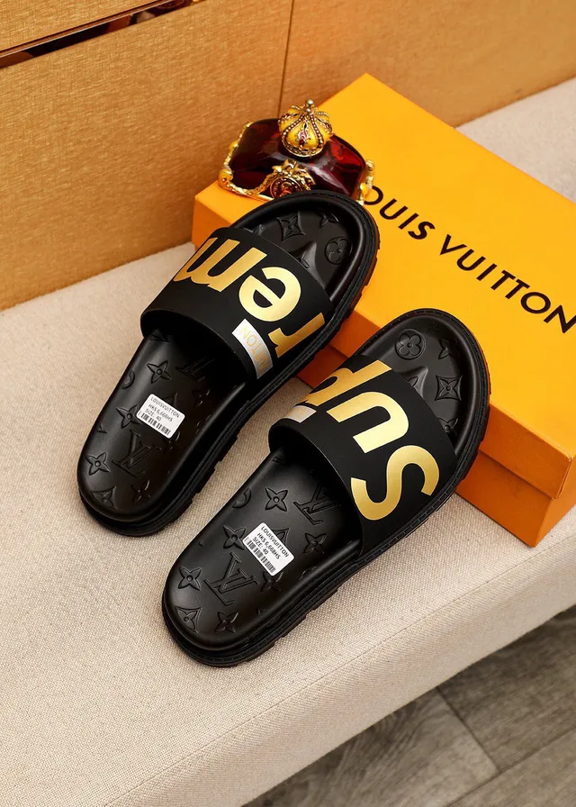 Supreme Slide Noir Or Caoutchouc Logo Strap Slippers 2
