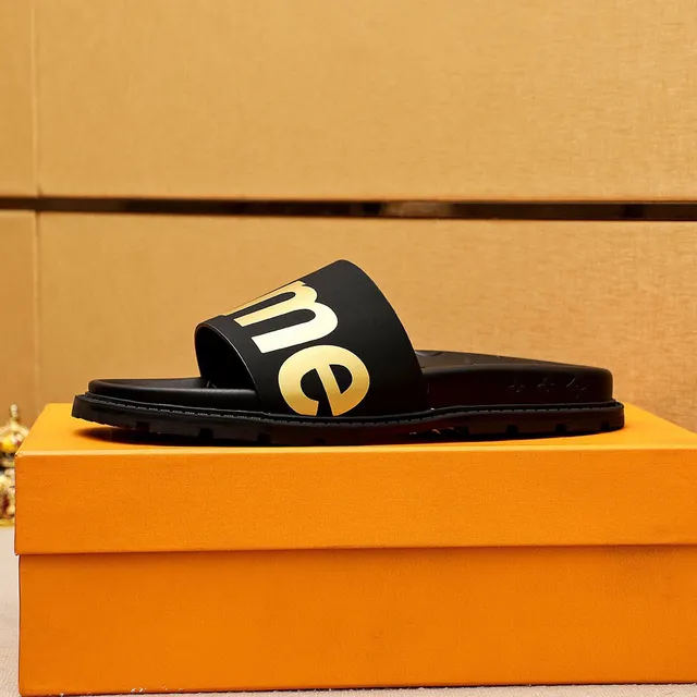 Supreme Slide Noir Or Caoutchouc Logo Strap Slippers 5