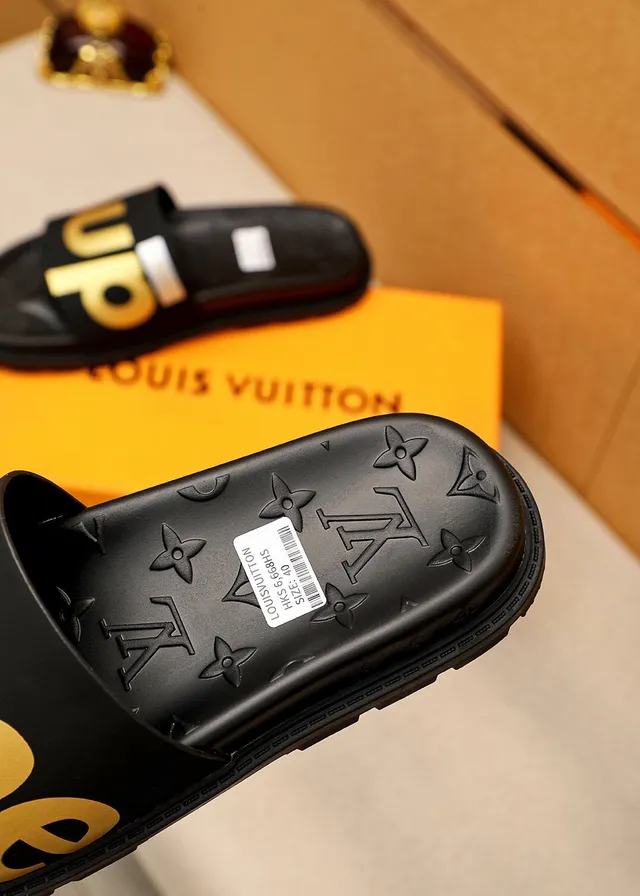 Supreme Slide Noir Or Caoutchouc Logo Strap Slippers 7