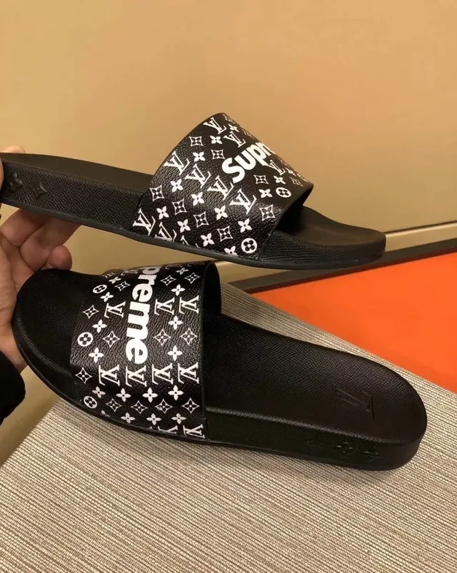 Supreme Slipper Black White Slide-Style Monogram-Print Strap Slippers 4