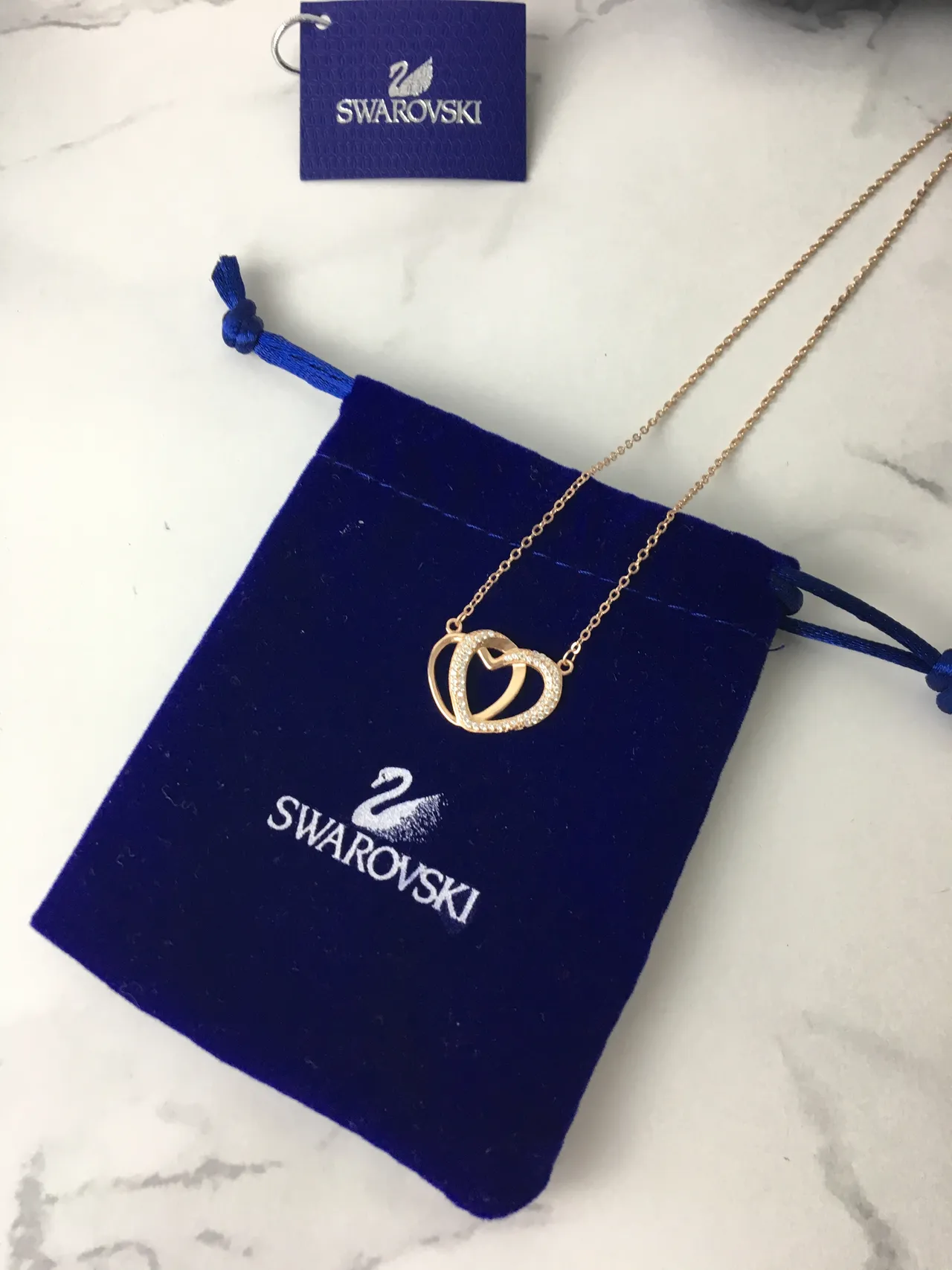 Swarovski Colar Coração Duplo Pavé Dourado Rosa 2