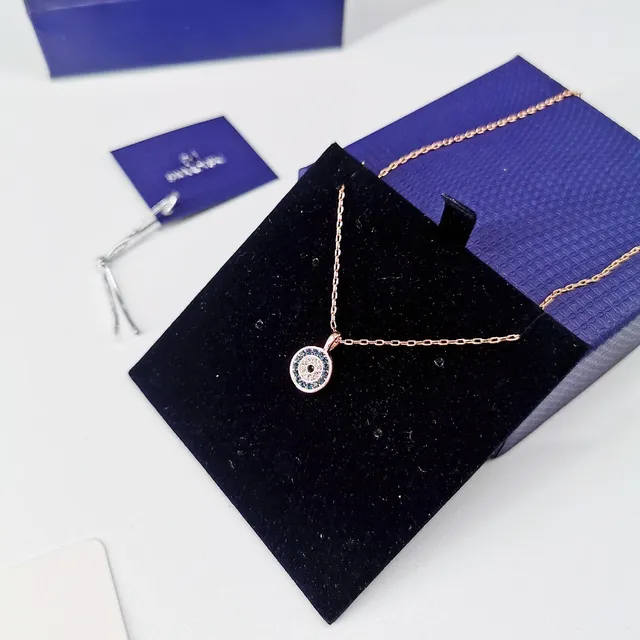 Swarovski দুষ্ট চোখ পাভে ক্রিস্টাল গোলাপী সোনার টোন নেকলেস 3
