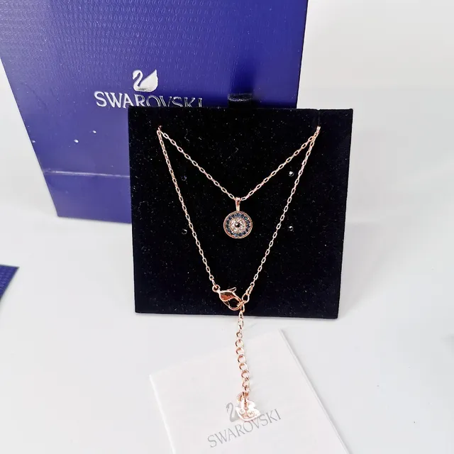 Swarovski দুষ্ট চোখ পাভে ক্রিস্টাল গোলাপী সোনার টোন নেকলেস 4
