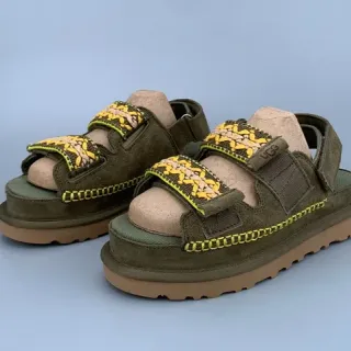 UGG Army Green Beige Olive Suede Embroidered Floral Straps Casual Sandals