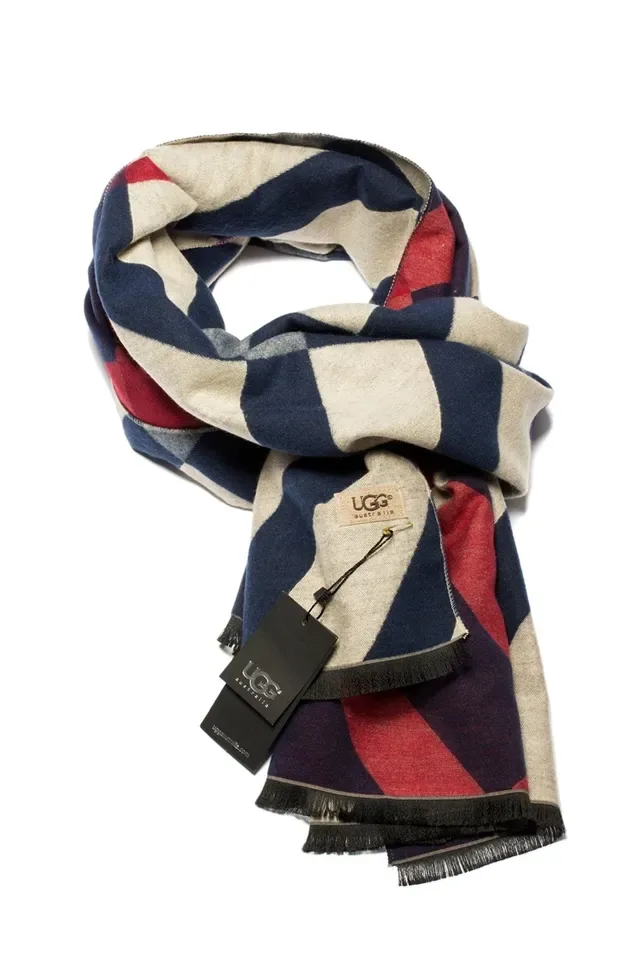 UGG Beige Navy Patrón Cuadriculado Textura Tejida Chal 3