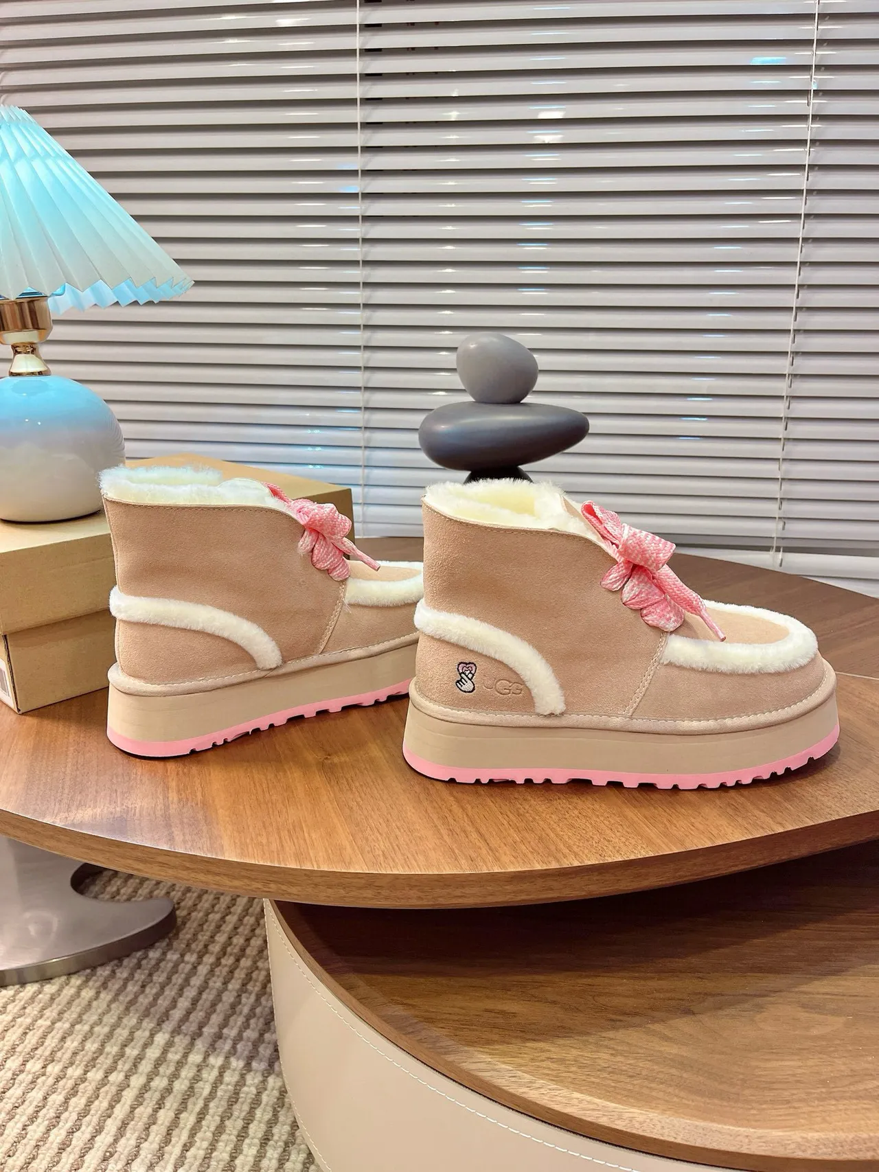 UGG Beige Pink Platform Sole Shearling-Lined Snow Boots 3