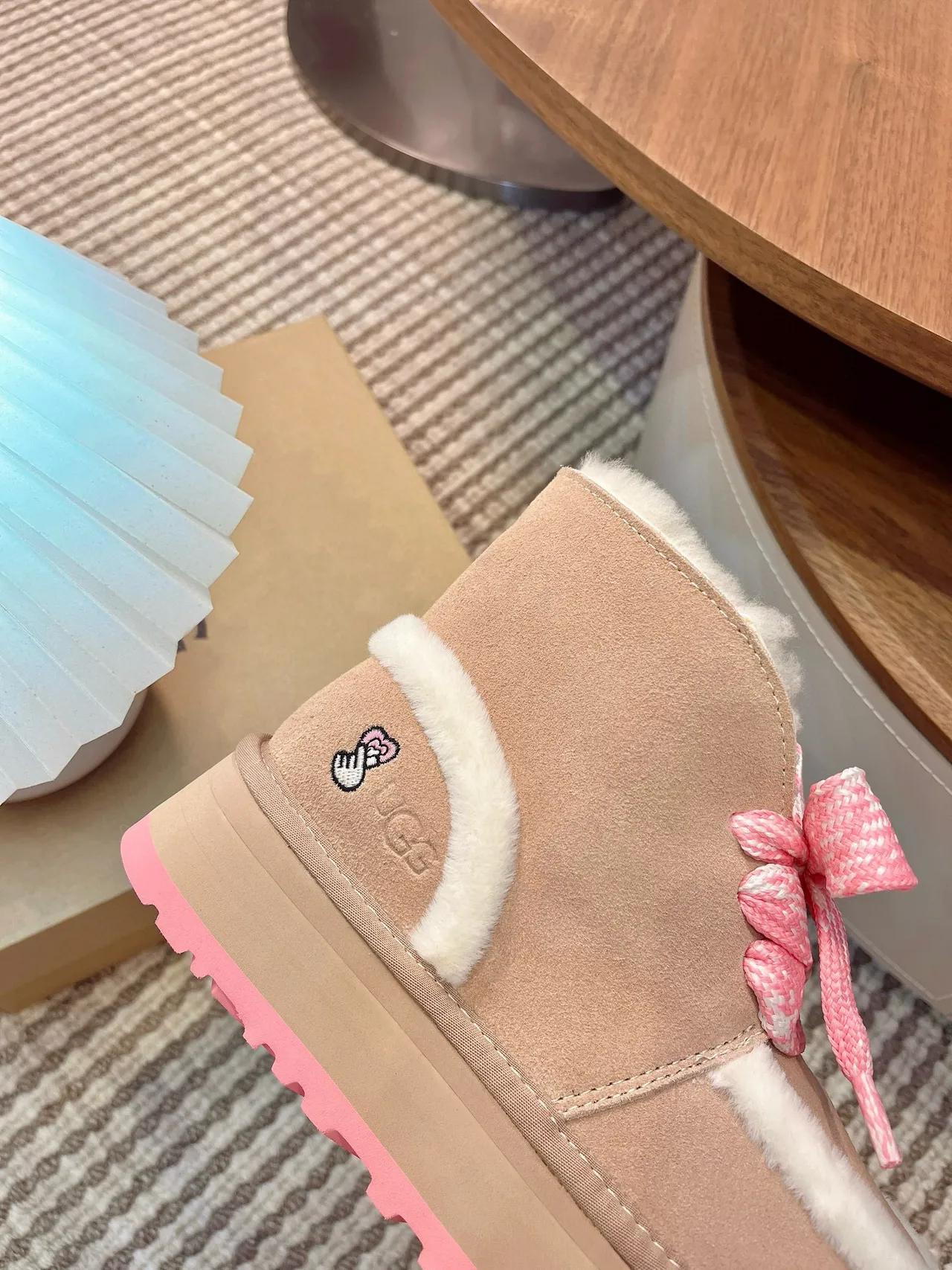 UGG Beige Pink Platform Sole Shearling-Lined Snow Boots 6