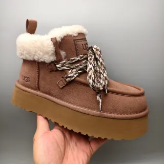 UGG 棕米色 平台鞋底 编织鞋带 雪靴