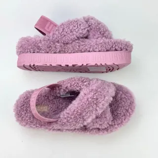 UGG Pink Plush Shearling Upper Cross-Strap Design Slippers