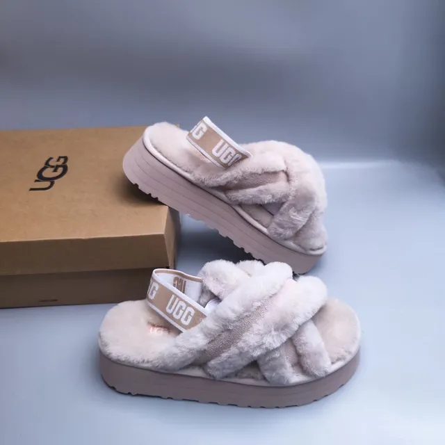 UGG Tasman Beige Fuzzy Crisscross Platform Slippers 3