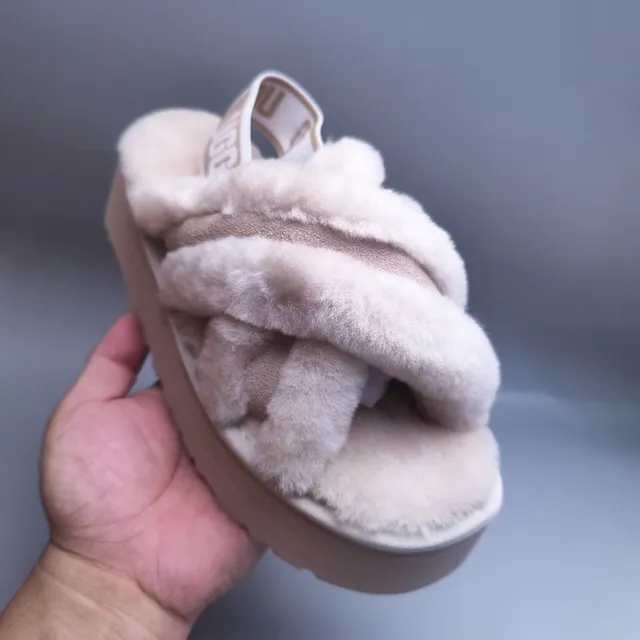 UGG Tasman Beige Fuzzy Crisscross Platform Slippers 4