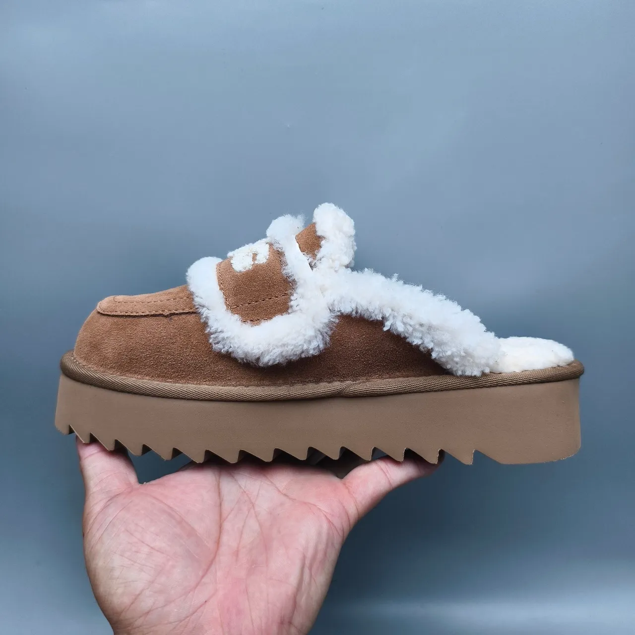 UGG Tasman Brown Suede Shearling-Trimmed Platform Loafers 7