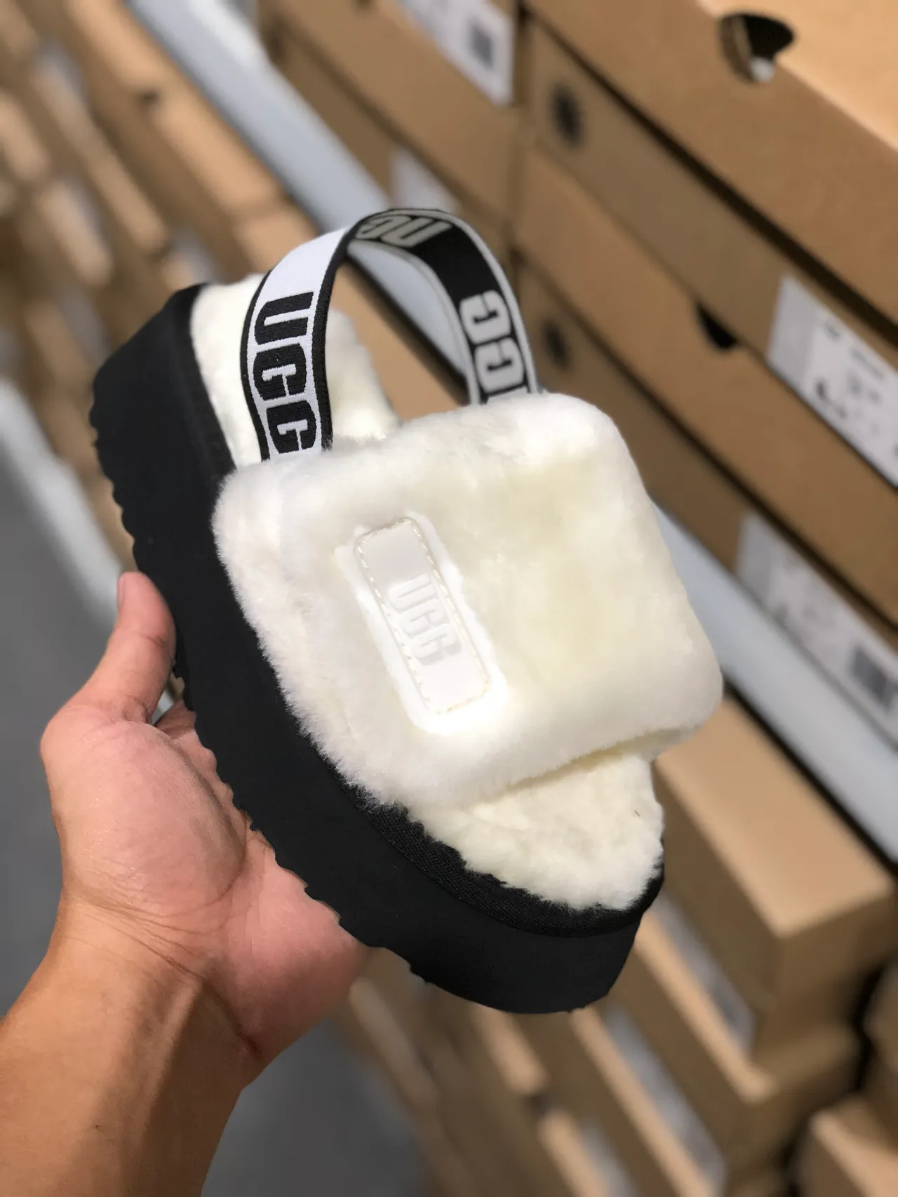 UGG Tasman White Shearling Black Platform Slippers 6