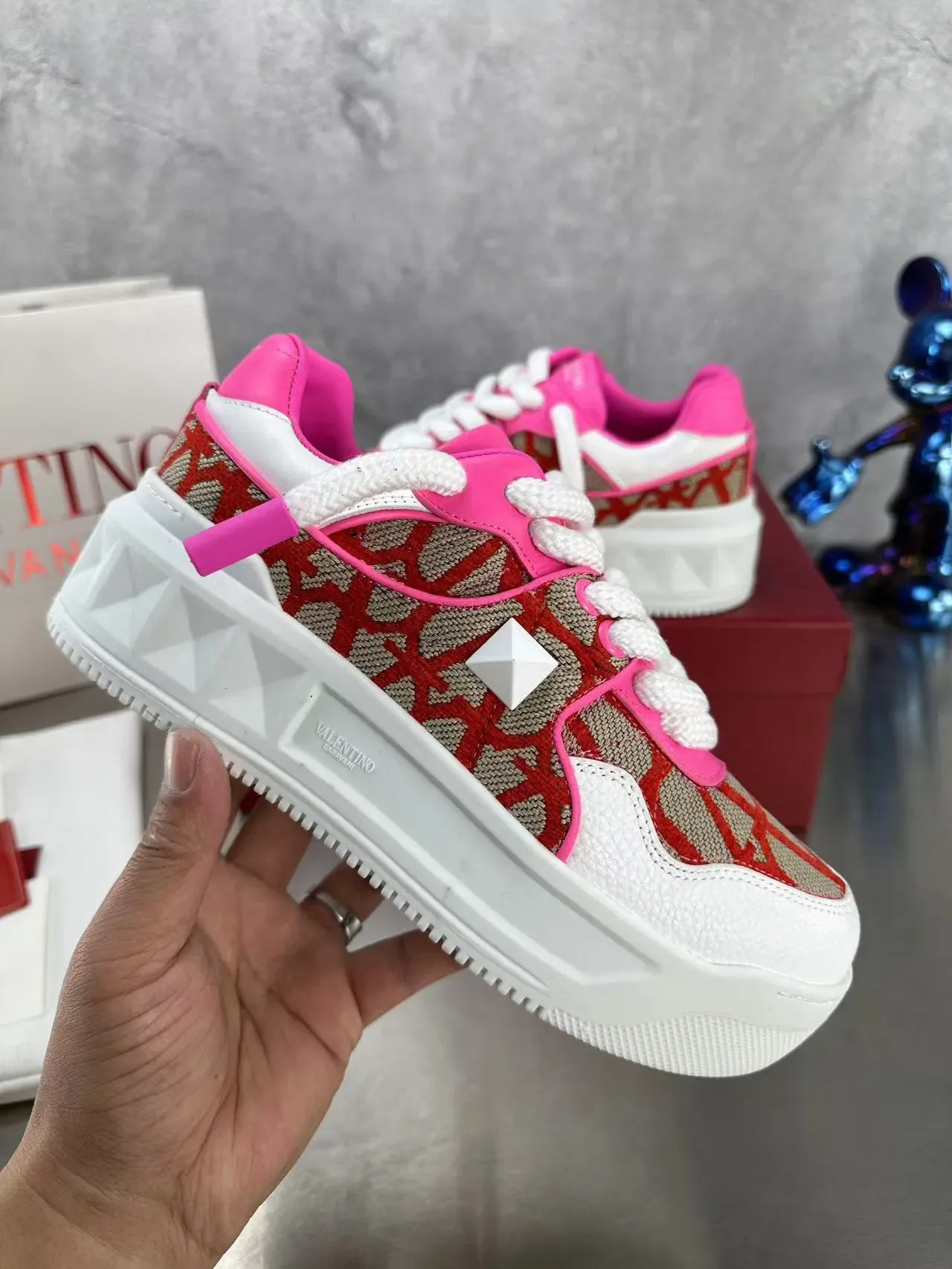Valentino Tênis Lifestyle Abertos Rosa Vermelho Bege 2
