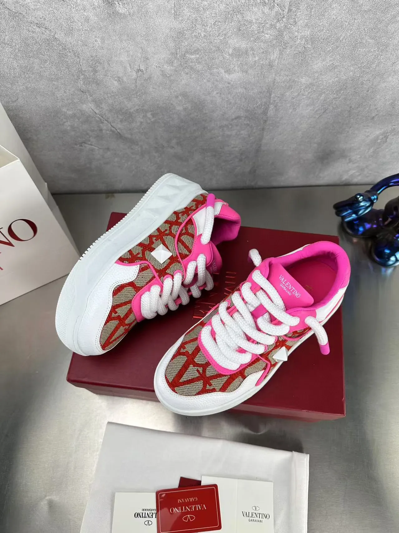 Valentino Tênis Lifestyle Abertos Rosa Vermelho Bege 3