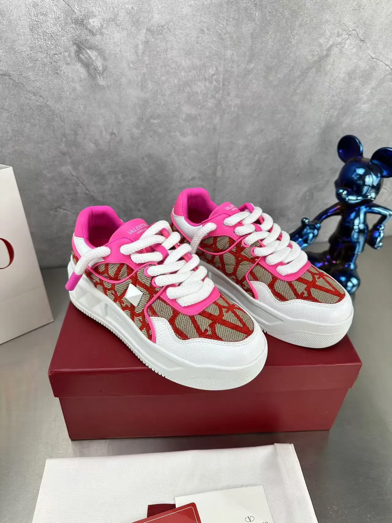 Valentino Tênis Lifestyle Abertos Rosa Vermelho Bege 6