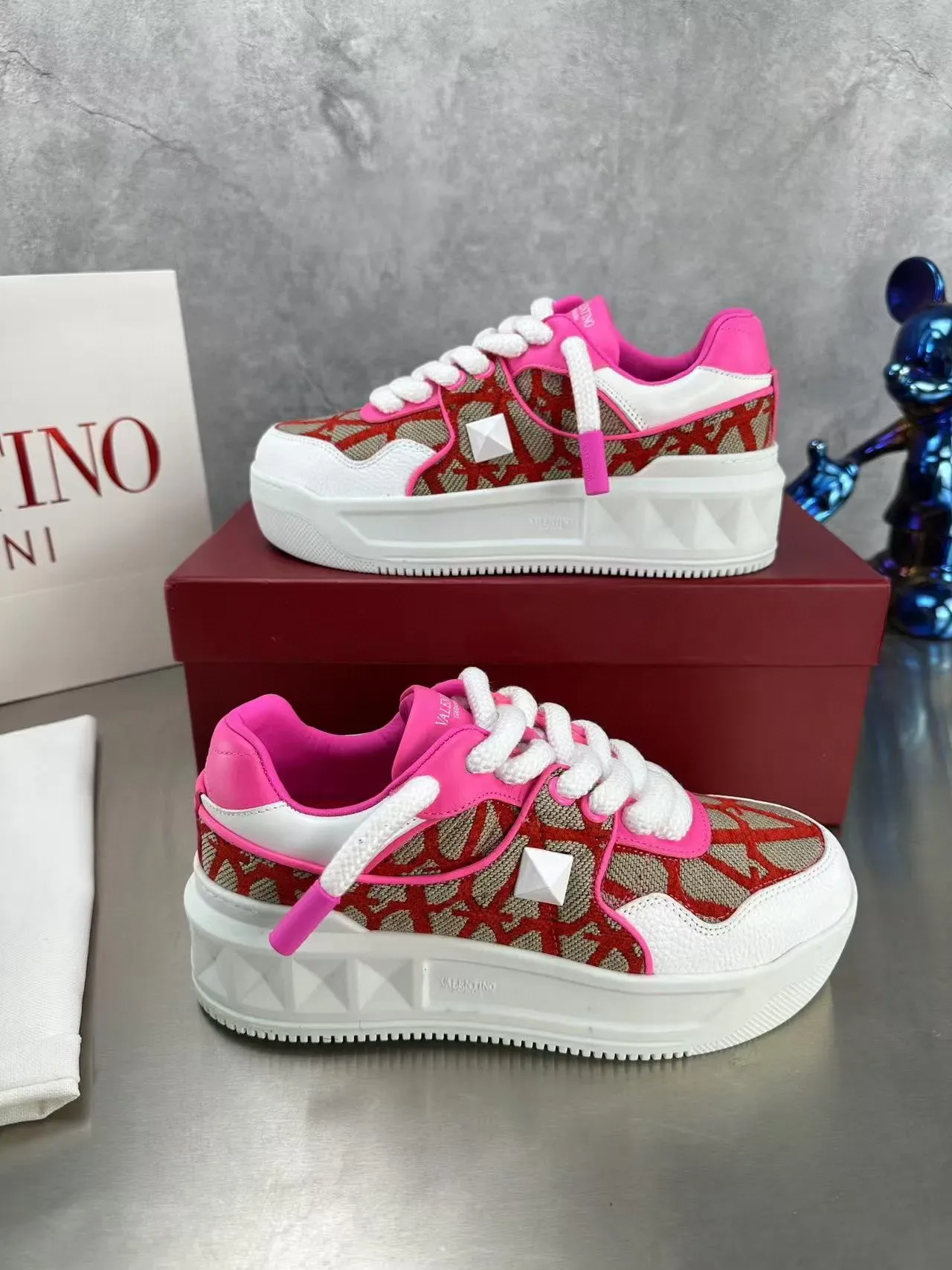 Valentino Tênis Lifestyle Abertos Rosa Vermelho Bege 7