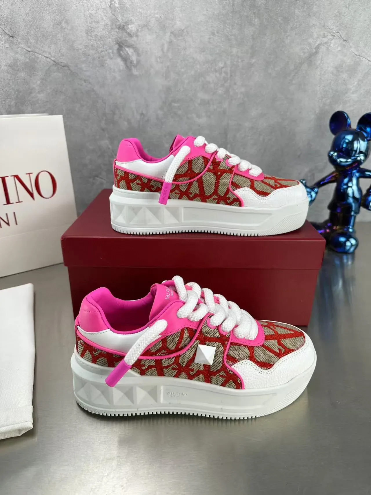 Valentino Tênis Lifestyle Abertos Rosa Vermelho Bege 8