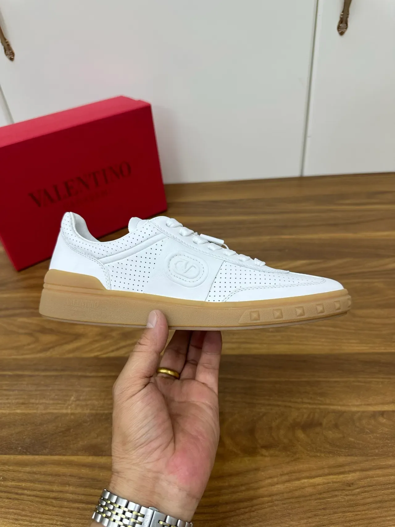 Valentino Rockstud Perforated Leather White and Gum Lifestyle Sneakers 4